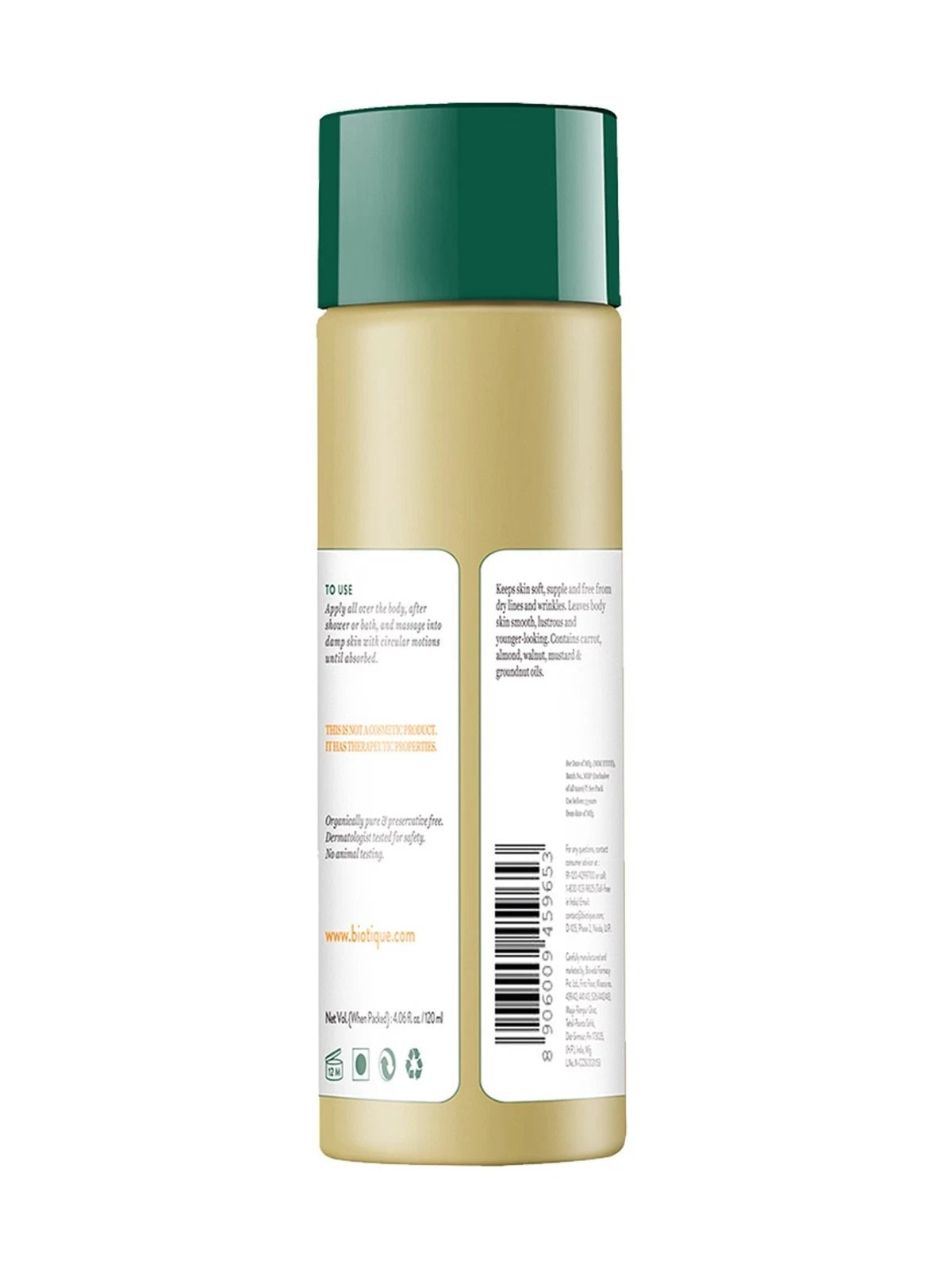 Biotique carrot seed after-bath body oil bottle back view with barcode and labels