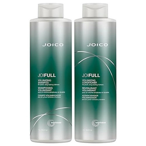 Joico JoiFull volumizing shampoo and conditioner bottles, teal-green gradient labels