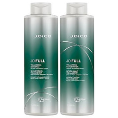 Joico JoiFull volumizing shampoo and conditioner bottles, teal-green gradient labels