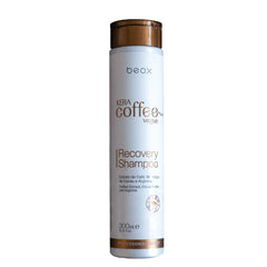 Vegan recovery shampoo bottle by Beox, light gray with brown cap, 300 ml