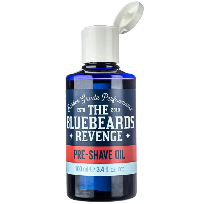 Pre-shave oil bottle with white cap and spout, blue label, 100 ml
