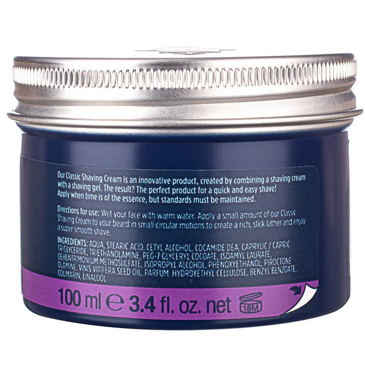 Blue shaving cream jar back label with net 100 ml text and ingredient panel