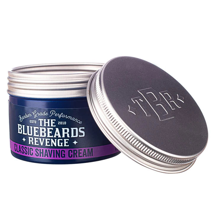 Blue shaving cream jar with silver lid open, black interior lid and Classic Shaving Cream label