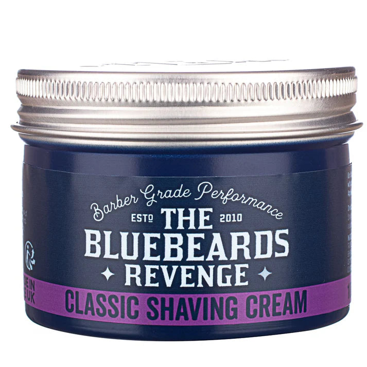 Blue shaving cream jar front label reading Classic Shaving Cream, with silver lid