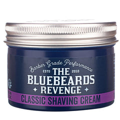 Blue shaving cream jar front label reading Classic Shaving Cream, with silver lid