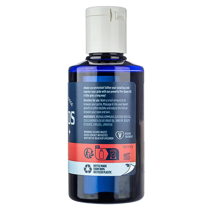 Pre-shave oil bottle with back label icons and white cap, 100 ml