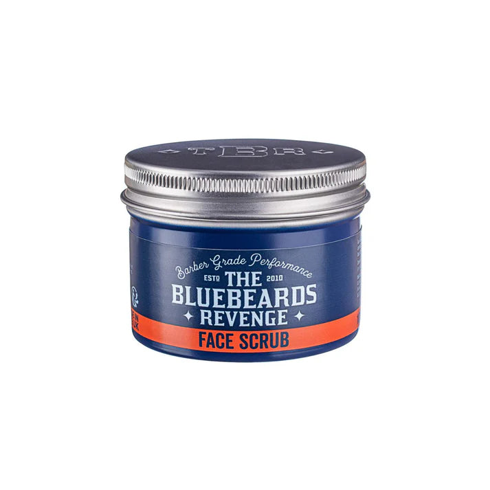 Bluebeards Revenge face scrub jar with silver screw lid and blue front label