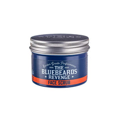 Bluebeards Revenge face scrub jar with silver screw lid and blue front label