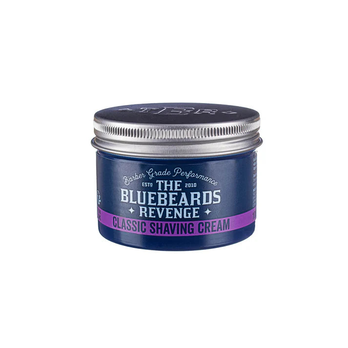 Blue shaving cream jar with silver lid and purple band, Classic Shaving Cream label