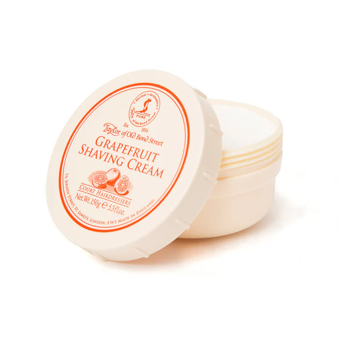 Grapefruit shaving cream bowl with white base and orange label, Taylor of Old Bond Street