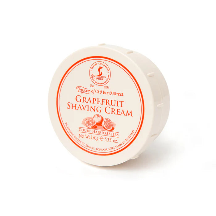 Grapefruit shaving cream bowl with round white lid and orange label, Taylor of Old Bond Street