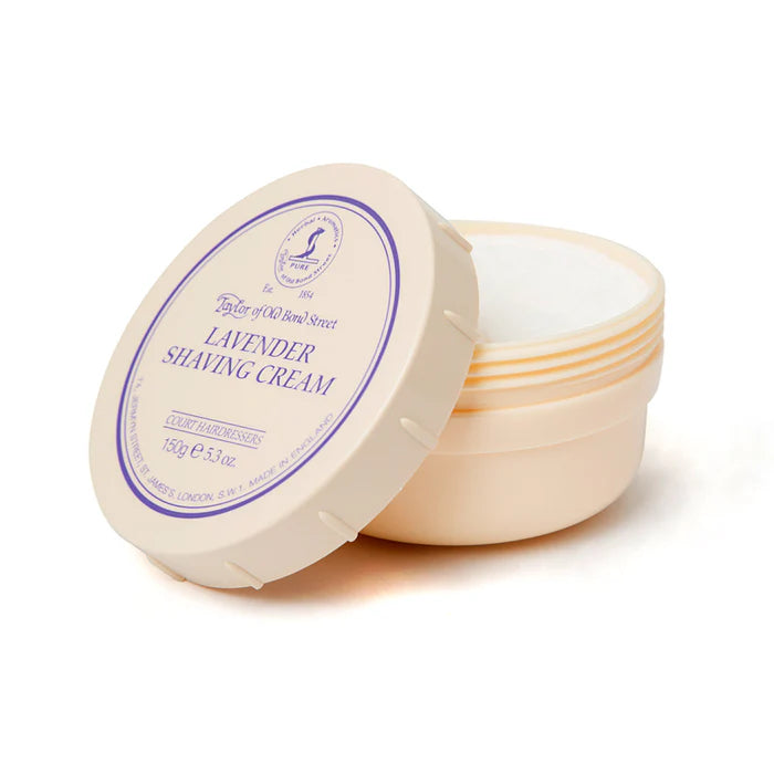 Lavender shaving cream bowl with lid and visible pale cream inside, purple label