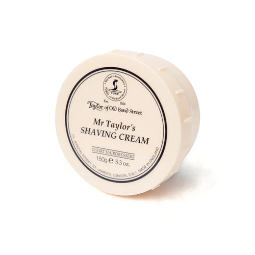 Shaving cream bowl lid labeled "Mr Taylor's SHAVING CREAM" 150g