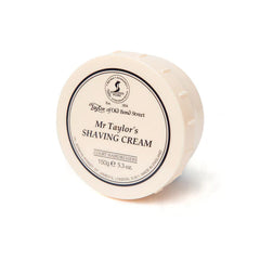 Shaving cream bowl lid labeled "Mr Taylor's SHAVING CREAM" 150g
