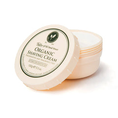 Organic shaving cream bowl with screw-top lid, cream jar and green label