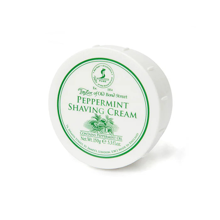 Peppermint shaving cream bowl with green label on white lid