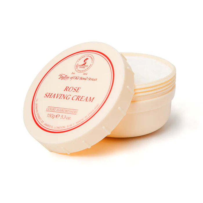 Shaving cream bowl with lid open, white bowl and red rose label