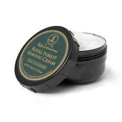 Shaving cream bowl with lid open, white cream in black container