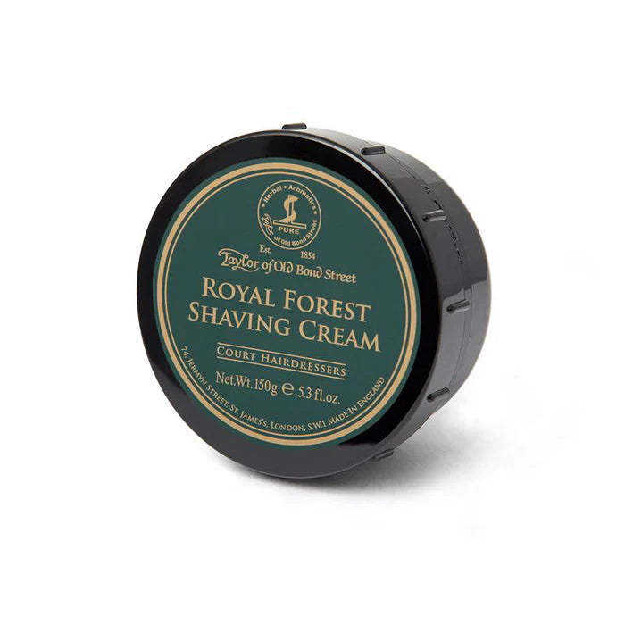 Shaving cream bowl lid with Royal Forest label, black container