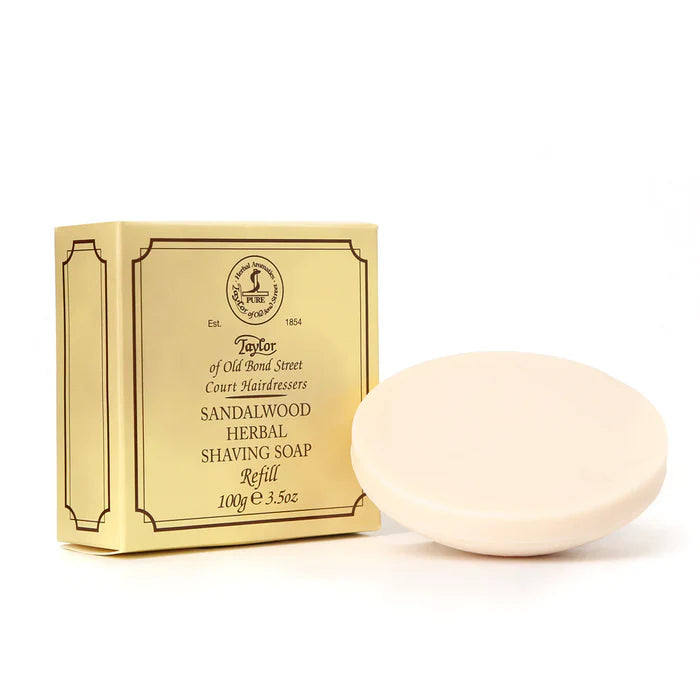Sandalwood herbal shaving soap refill with cardboard box and round cream soap