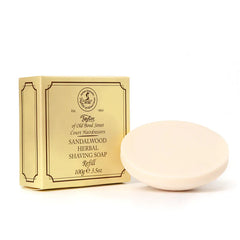 Sandalwood herbal shaving soap refill with cardboard box and round cream soap