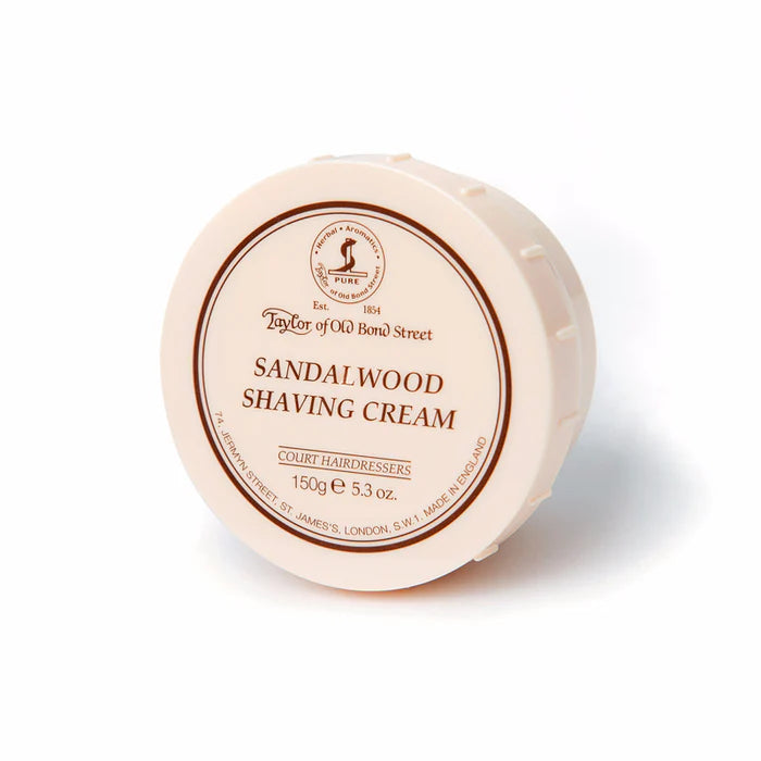 Sandalwood shaving cream bowl lid, beige plastic with brown label, 150g