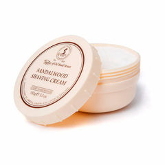 Sandalwood shaving cream bowl, open beige tub with white cream and brown label