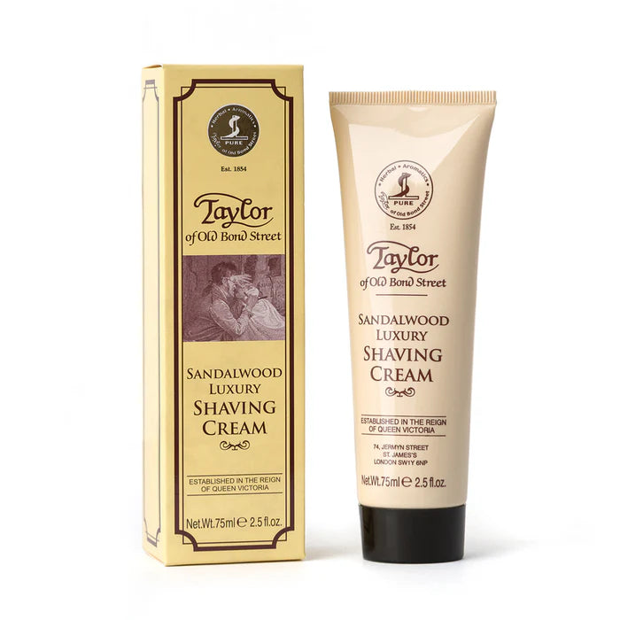 Sandalwood luxury shaving cream tube with box, beige cream and black cap