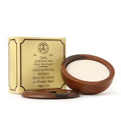 Shaving soap in dark brown wooden bowl with soap puck and branded box