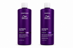 Wella Professionals Ultimate Color shampoo and conditioner bottles, purple, 1 L