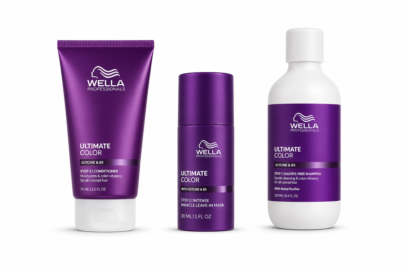 Wella Ultimate Color travel trio bundle: purple tube, canister, and 30ml bottle