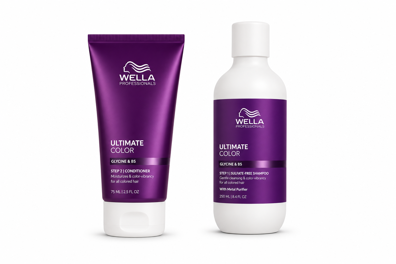 Travel-size hair color shampoo and conditioner set: purple tube and bottle, white caps