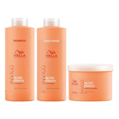 Hair care bundle bottles: Wella Invigo Nutri-Enrich shampoo, conditioner, and mask