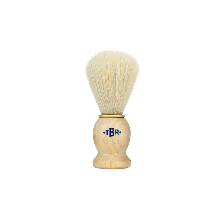 Synthetic shaving brush with light wood handle, pale bristles, *TBR* logo