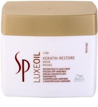 Keratin restore hair mask tub, beige lid and white jar with SP Luxeoil label