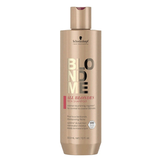 Schwarzkopf BlondMe shampoo bottle, golden beige with pump cap and "All blondes" label