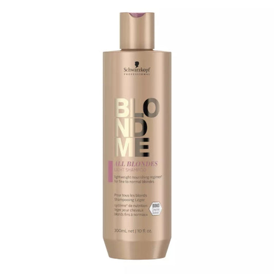 Schwarzkopf BlondMe All Blondes light shampoo bottle, 300 ml, beige with pump cap.