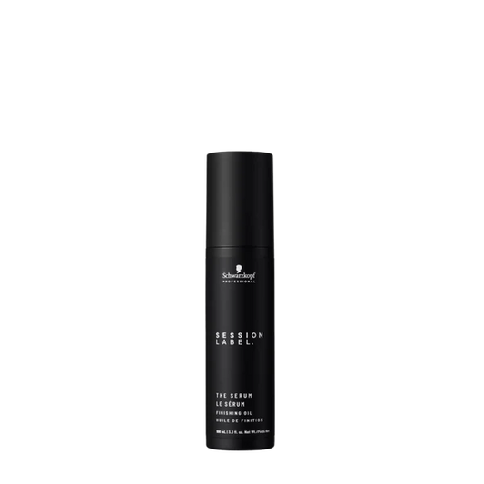 Schwarzkopf Session Label finishing oil bottle, black canister with white logo