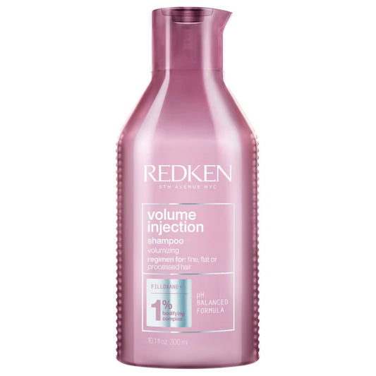 Redken Volume Injection shampoo bottle, pink plastic bottle with printed label