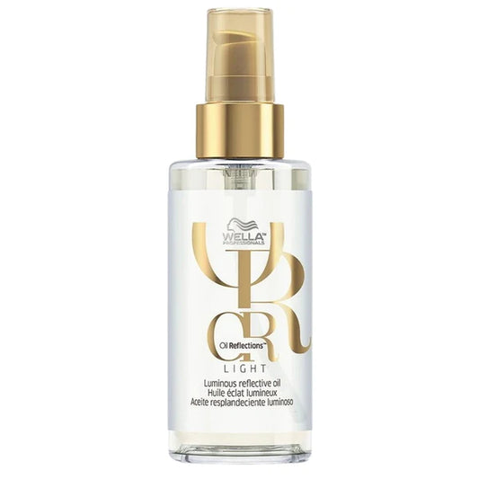 Hair reflective oil bottle, Wella Oil Reflections Light, clear glass with gold pump